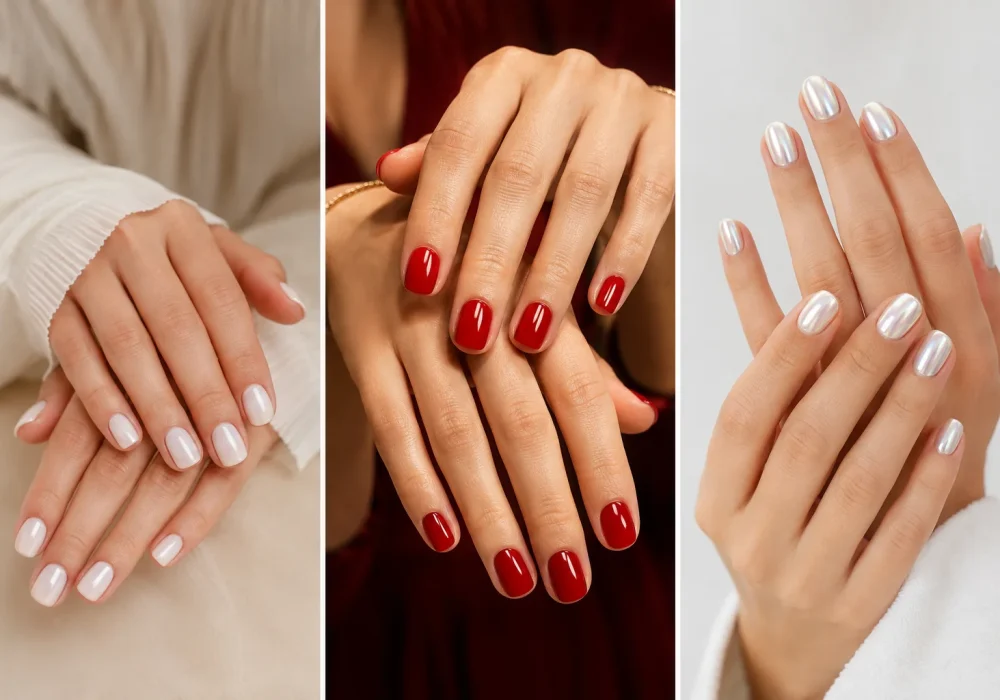 Pinterest-style featured collage image showing elegant feminine hands with milky white short nails, glossy cherry red manicure, and chrome glazed nails in a luxury beauty editorial layout with modern classy short nail paint ideas