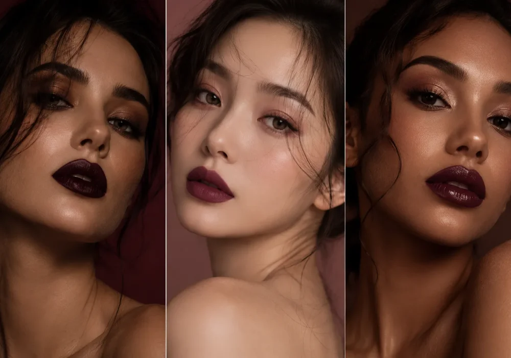 Luxury beauty collage featuring three women with different plum lip looks including deep black cherry plum lips, soft berry plum lips, and glossy dark wine plum lips. Ultra realistic editorial beauty photography with glowing skin, smoky eye makeup, dark feminine aesthetics, cinematic lighting, and elegant dark romance beauty trends for 2026.