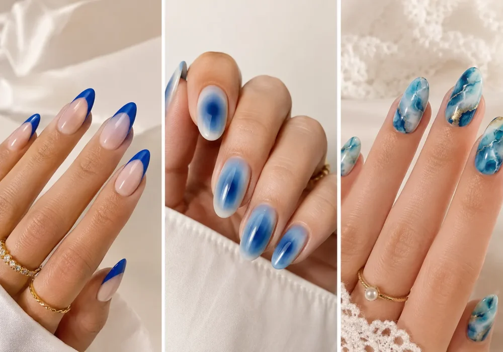 Collage of trendy blue nail design ideas featuring royal blue French tip nails, soft blue aura nails, and ocean marble blue nails with glossy almond-shaped manicures and elegant Pinterest-inspired beauty aesthetics.