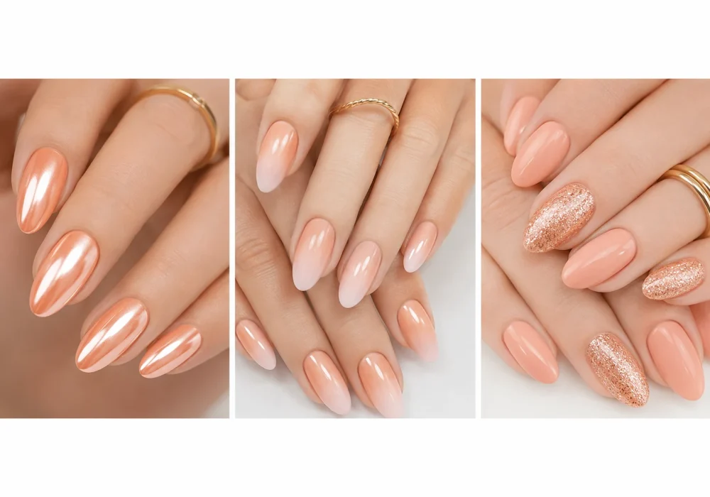 Collage of peach nail looks, peach ombre nails, and peach glitter almond nails with elegant feminine hands and trendy summer manicure aesthetic