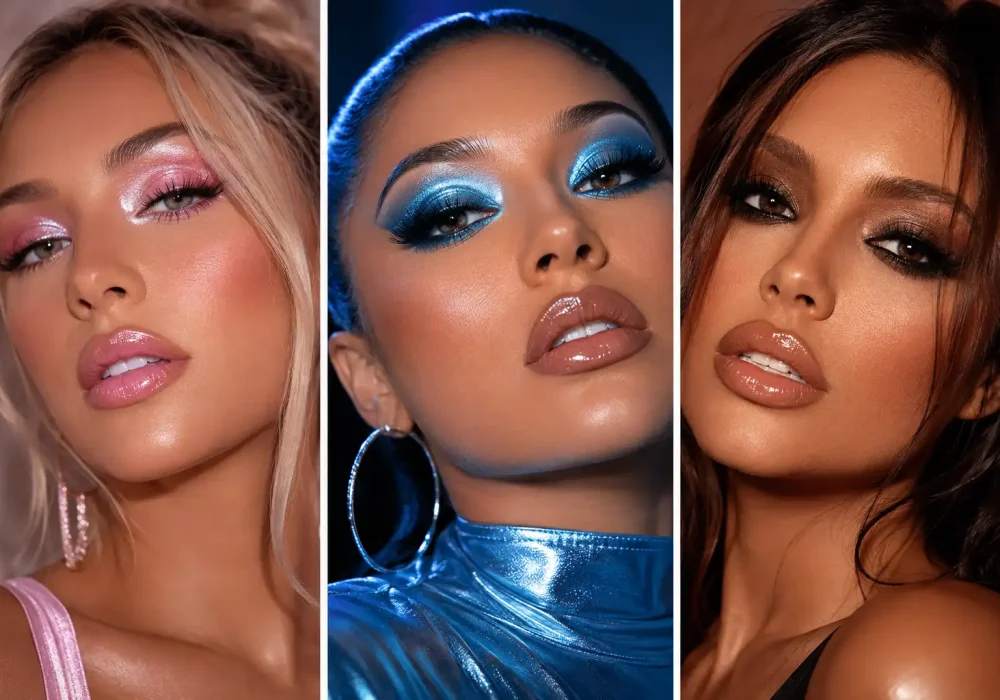 Luxury Y2K makeup ideas collage featuring frosted pink glam makeup, bold metallic blue eyeshadow, and smokey brown retro glam looks with glossy nude lips, glowing skin, dramatic lashes, and trendy early-2000s beauty aesthetics in a stylish three-panel beauty grid.