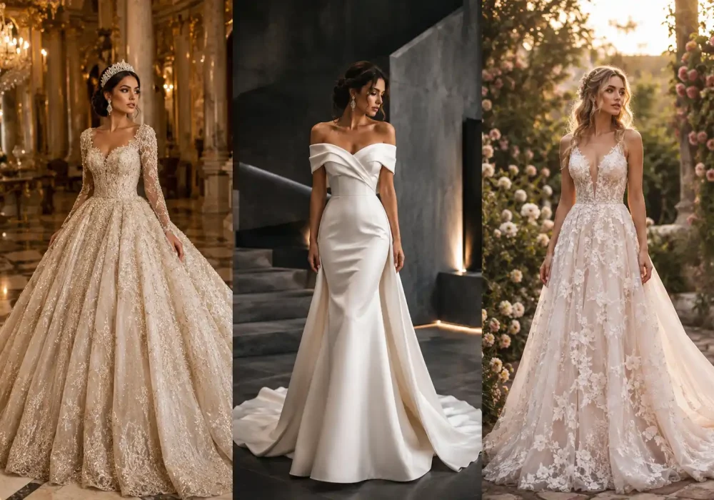 Luxury wedding dress ideas collage featuring three elegant wedding dresses including a royal glitter princess ball gown, modern off shoulder satin bridal gown, and romantic floral lace A-line wedding dress worn by beautiful brides in glamorous luxury settings.