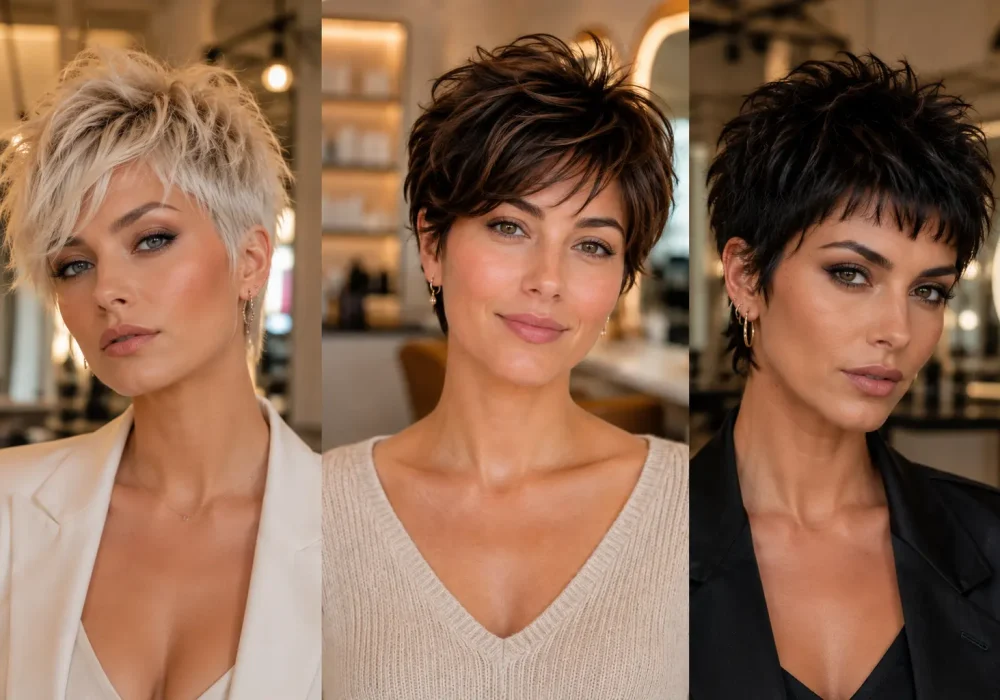 Collage of three women with trendy textured pixie hairstyles including blonde choppy pixie, soft brunette layered pixie, and edgy dark pixie cut in luxury salon settings with modern short hair styling and voluminous texture.