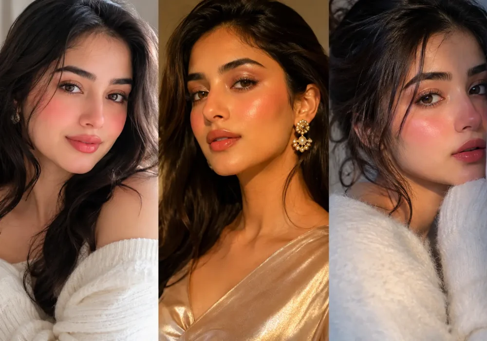 Featured collage image of three Pakistani and Indian girls wearing flushed rosy makeup looks with glowing glass skin, glossy nude lips, soft glam eyeshadow, feminine hairstyles, warm golden lighting, cozy beauty aesthetic, and trendy Pinterest makeup inspiration.