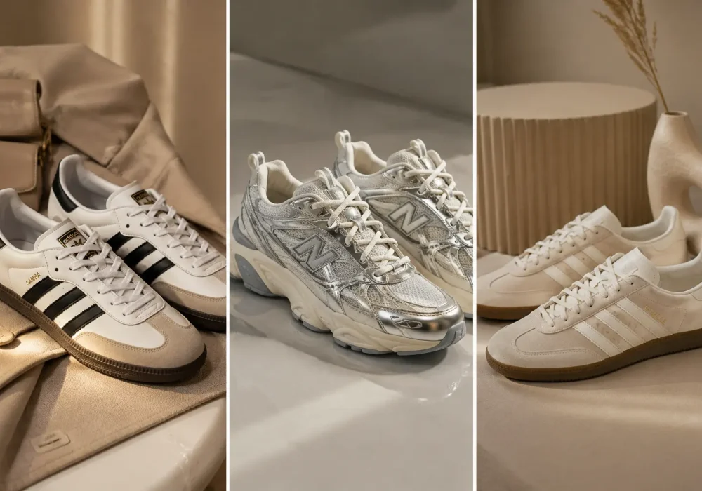 Collage featuring trendy women sneakers for 2026 including Adidas Samba sneakers, chunky silver New Balance sneakers, and neutral Adidas Gazelle sneakers styled in luxury minimalist aesthetic for fashionable everyday outfits and Pinterest sneaker inspiration.