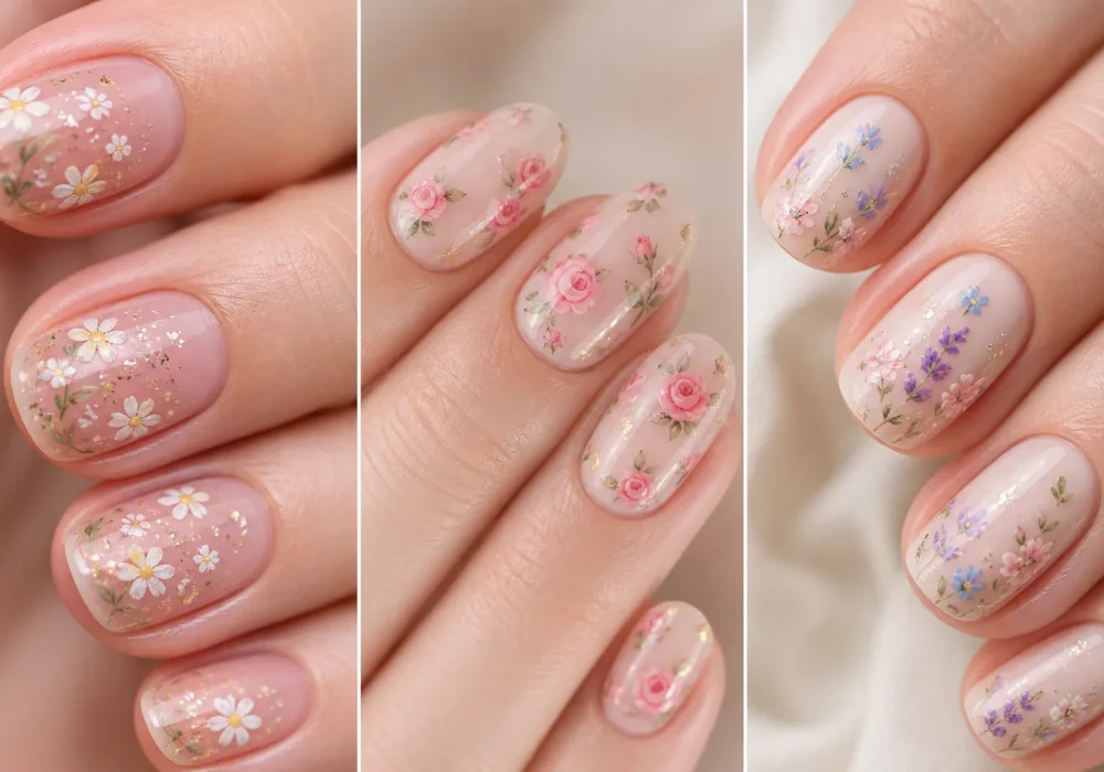 micro floral nail designs collage with soft nude base, tiny daisy rose and lavender nail art, glossy finish, pastel floral manicure, detailed close up grid layout