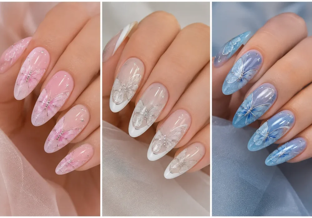 Collage of glossy butterfly nail designs featuring soft pink, milky white French tip, and pastel blue nail designs with delicate butterfly wing nail art, shiny gel finish, and elegant feminine salon-style manicure inspiration.