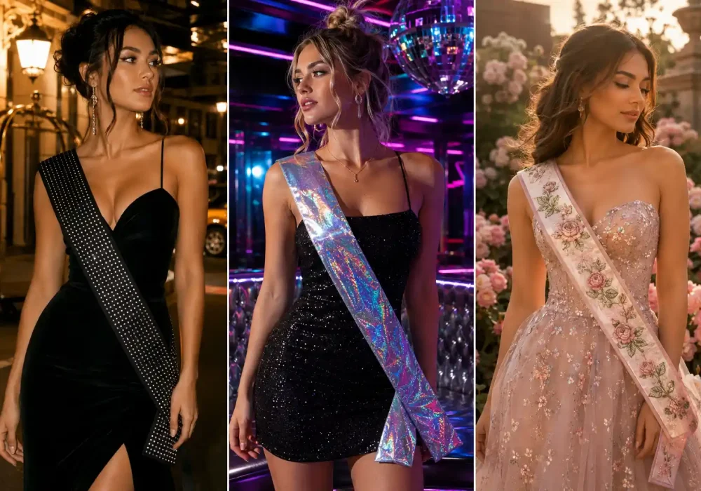 Luxury sash design ideas collage featuring glamorous women wearing black rhinestone, holographic disco, and floral princess sashes with elegant party fashion and Pinterest-inspired styling