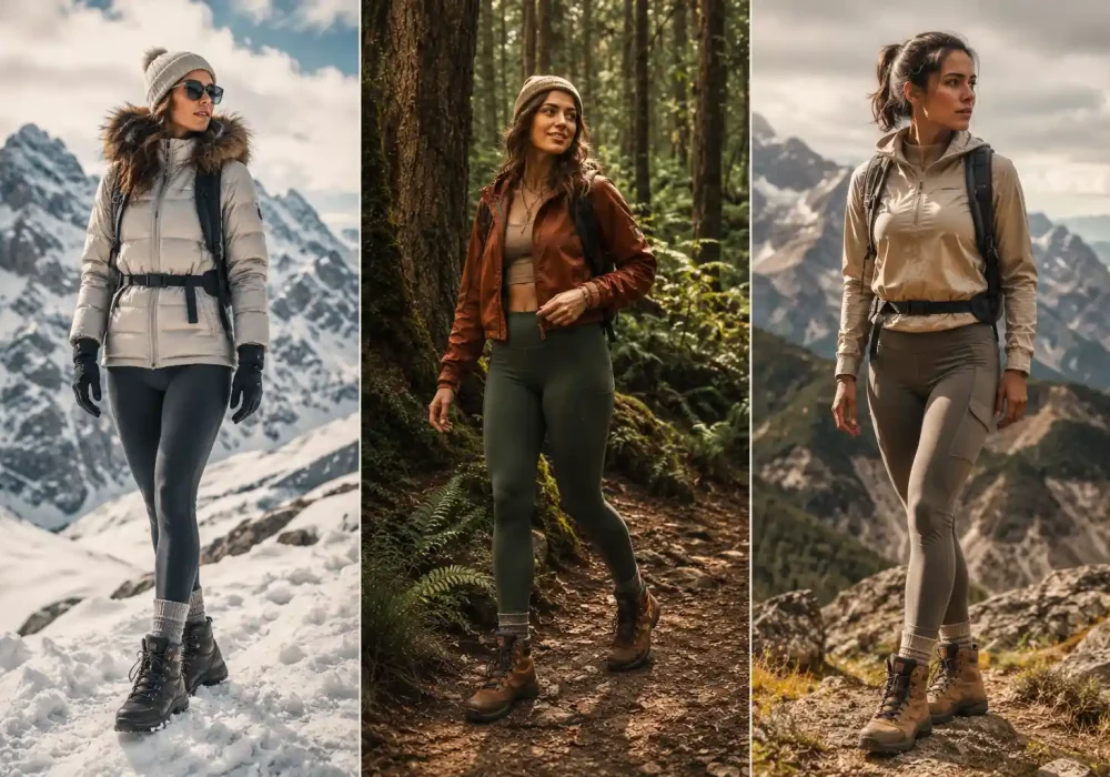 Collage featured image showing three stylish women wearing trendy hiking outfit ideas including snowy winter hiking clothes, earthy forest trail outfits, and neutral mountain hiking fashion with hiking boots, backpacks, and scenic outdoor mountain backgrounds.