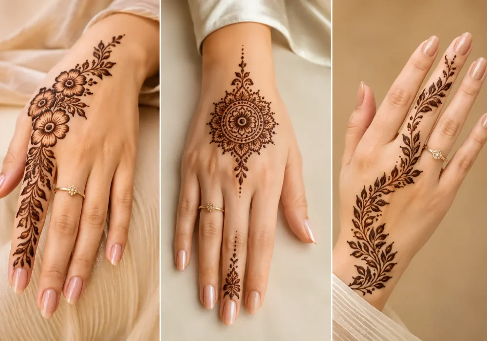 Luxury Eid ul Adha mehndi designs collage featuring three elegant Arabic henna hand designs with floral vine patterns, mandala mehndi art, leafy trails, nude glossy nails, gold rings, and modern feminine festive styling in soft neutral tones.