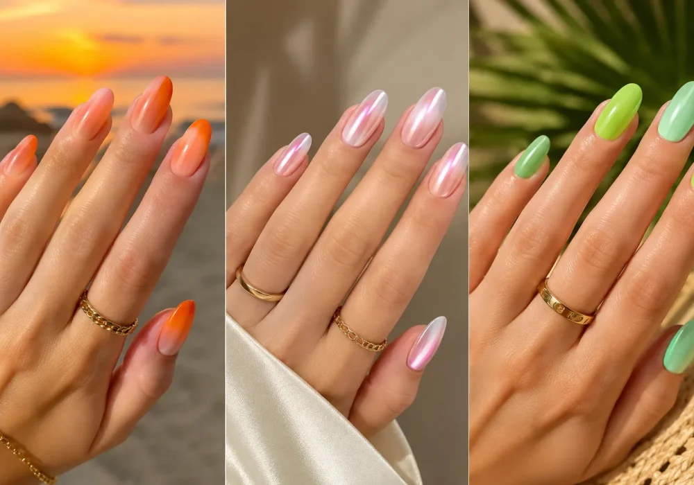 Luxury summer ombre nails collage featuring sunset orange ombre nails, chrome glazed pink ombre nails, and tropical green gradient nails on glossy almond-shaped manicures with elegant gold jewelry and trendy 2026 summer nail inspiration.