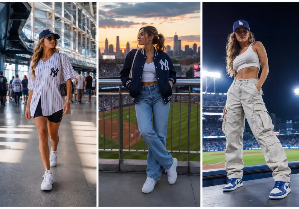 Collage of trendy women’s MLB Game Outfit Ideas featuring oversized Yankees jersey with biker shorts, varsity jacket with jeans, and sporty cargo pants outfit inside realistic baseball stadiums.