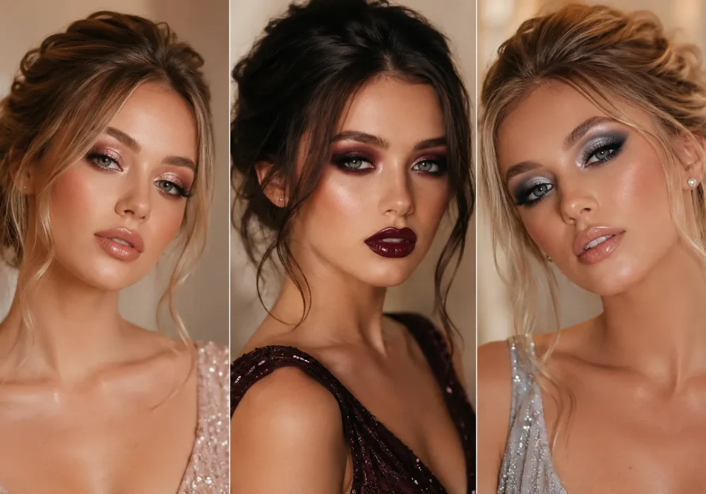Prom makeup ideas collage featuring soft glam makeup, cherry cola smokey eyes, and icy silver glam makeup with glowing skin, glossy lips, and elegant prom beauty inspiration.