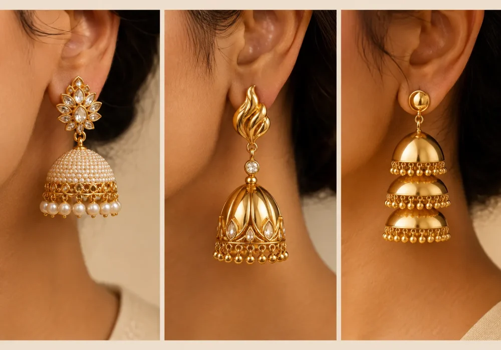 Luxury modern gold jhumka ideas earrings collage featuring pearl dome jhumkas, sculpted designer gold jhumkas, and layered glossy gold jhumka earrings in close-up editorial fashion styling with warm beige aesthetic and elegant ethnic jewelry inspiration