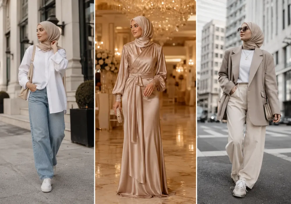Luxury modest fashion collage featuring three stylish hijabi women wearing modern neutral-toned outfits including casual denim streetwear, elegant satin evening fashion, and oversized blazer street style looks. The featured image showcases trendy hijab outfit ideas with beige hijabs, wide-leg trousers, satin maxi dresses, sneakers, and minimalist modest fashion aesthetics in luxury city and indoor settings.