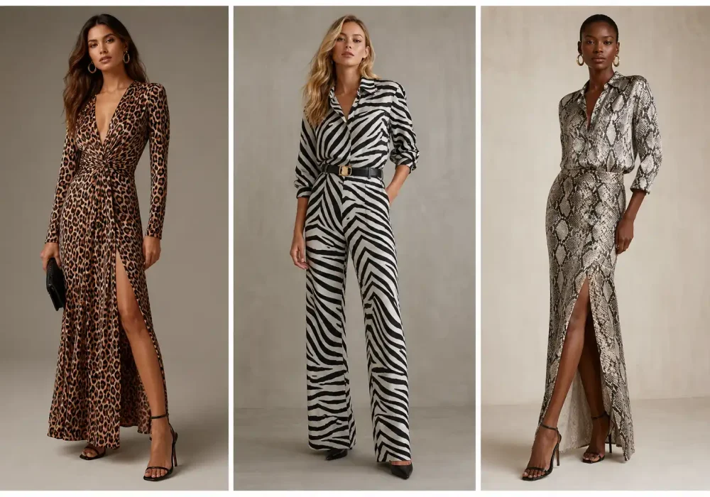 animal print outfit ideas collage with leopard dress zebra jumpsuit and snake print dress, three panel fashion grid full body models editorial style 2026 trend