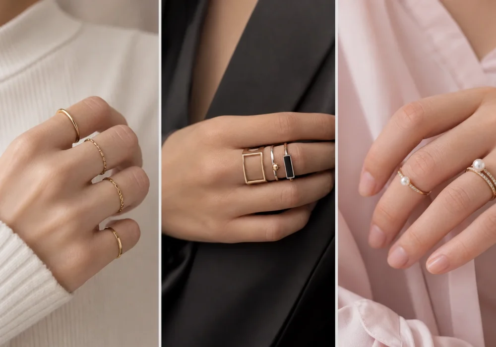 horizontal featured image showing three panel grid of female hands wearing knuckle rings, minimal gold midi rings on left, geometric modern rings in center, pearl and crystal rings on right, soft neutral tones, luxury jewelry aesthetic, clean manicure, high-end fashion composition
