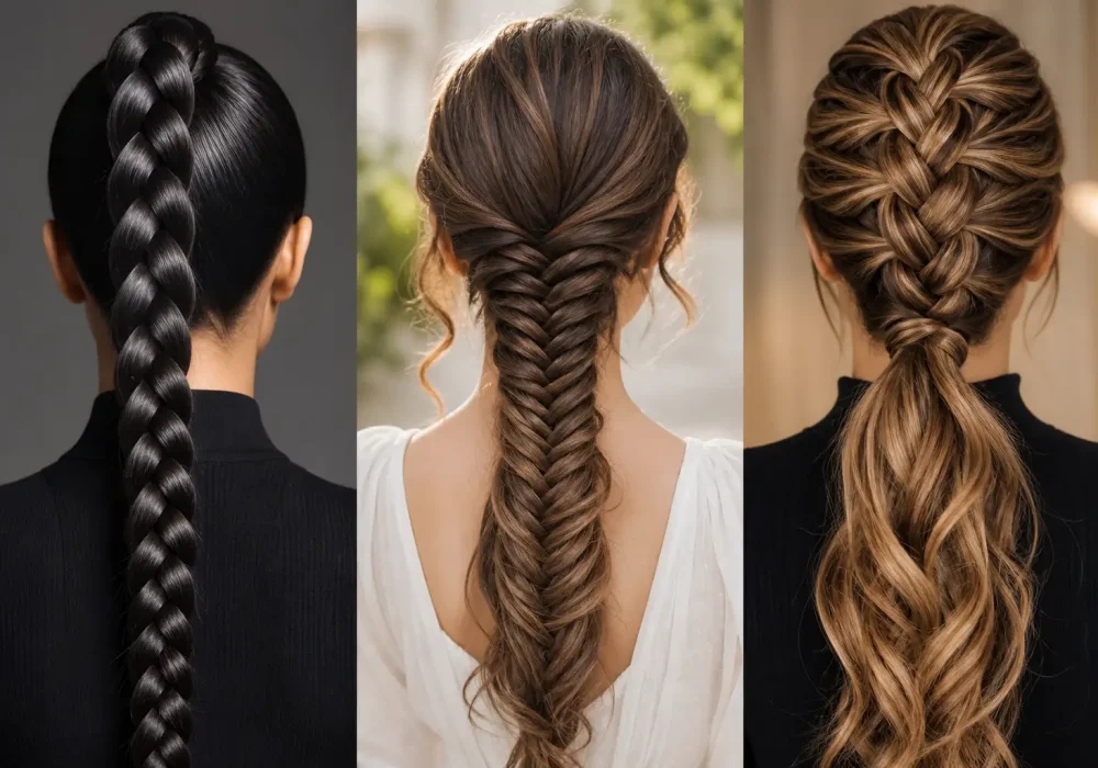 braided ponytail hairstyles collage three styles sleek classic braid fishtail braid and voluminous ponytail glossy hair modern elegant hairstyle ideas