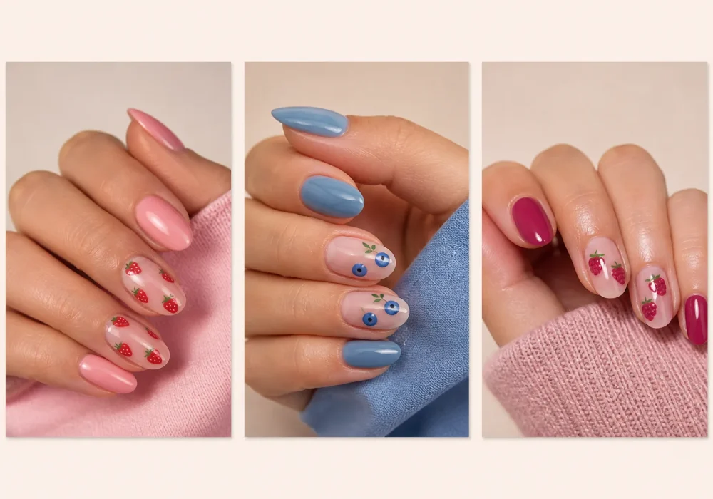 mixed berry nail ideas designs collage strawberry blueberry raspberry nail art glossy aesthetic spring manicure almond shape nails close up grid