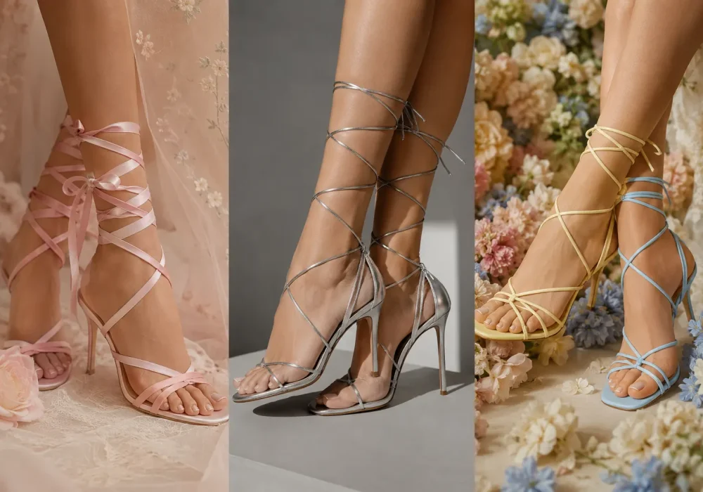 Luxury collage featuring blush pink satin lace-up heels, metallic silver strappy sandals, and pastel wraparound heels styled in elegant floral settings for feminine Spring 2026 shoe trends.