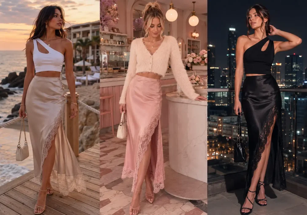 Collage featuring three stylish women wearing lace-trimmed satin lace slip skirt outfits in champagne, blush pink, and black colors with chic crop tops, fluffy cardigan, and elegant heels in luxury beach, café, and rooftop settings, modern Pinterest-inspired feminine fashion outfits.