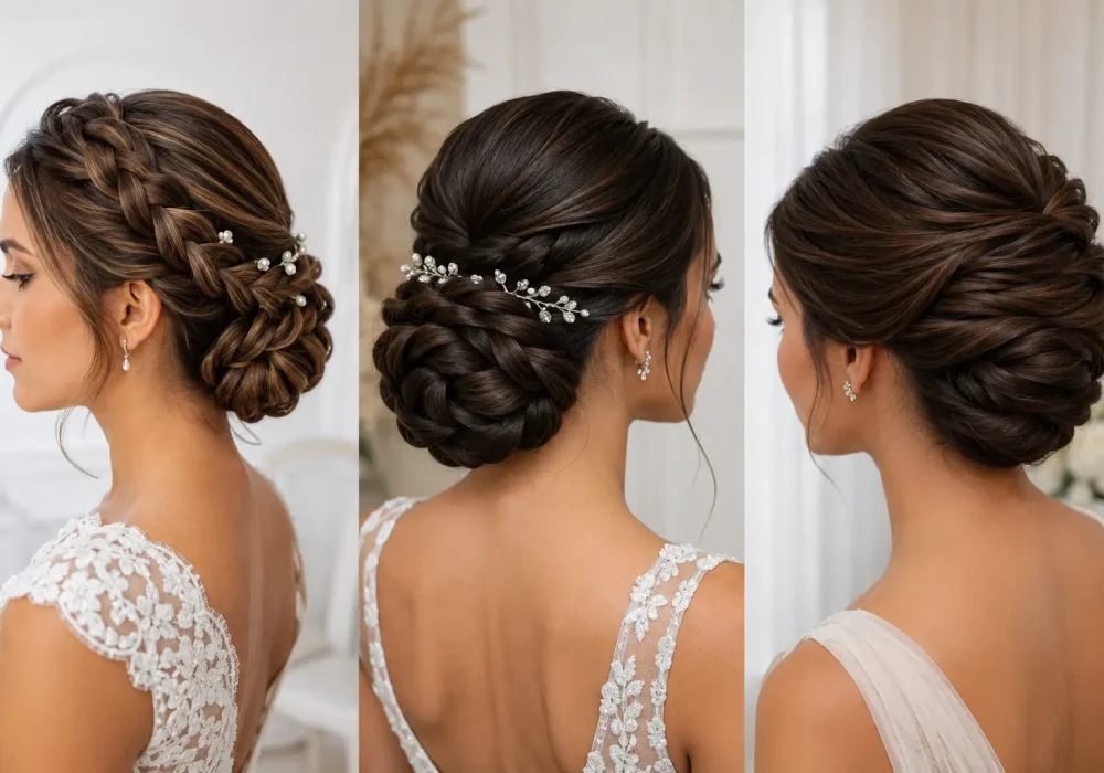 Elegant braided updo hairstyles collage featuring three polished bridal hairstyles with woven braids, sleek low buns, glossy brunette hair, and subtle pearl and crystal jewel details for weddings and formal occasions.