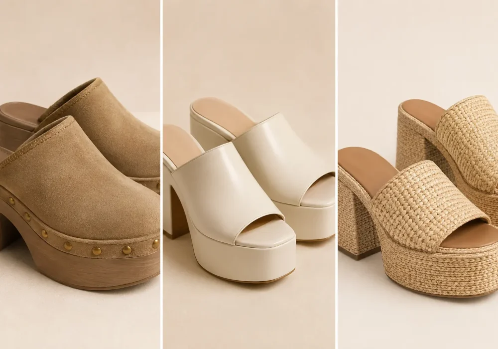 Luxury collage of trendy platform mule shoes featuring suede wooden clogs, minimalist cream platform mule heels, and woven raffia platform sandals in neutral beige tones, modern Pinterest fashion aesthetic, chic 2026 platform mule shoe trends for stylish outfits and elevated everyday fashion.