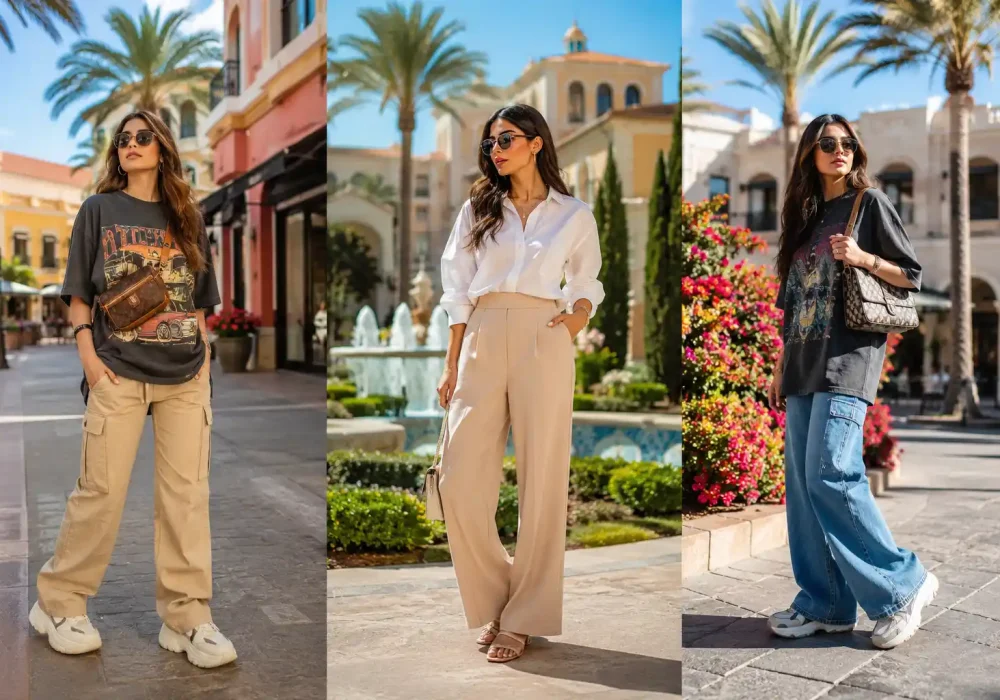 Three stylish women showcasing trendy Disney summer outfit ideas in a luxury resort setting. The collage features casual oversized graphic tees with cargo pants, an elegant old-money-inspired outfit with a white button-down shirt and wide-leg trousers, and a modern street-style look with baggy jeans, sneakers, and designer-inspired accessories. Palm trees, colorful flowers, fountains, and upscale vacation architecture create a fashionable summer theme park atmosphere.