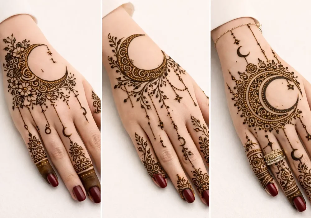 Collage of three elegant side moon mehndi designs on the back of the hand featuring floral crescent patterns, delicate chains, and Arabic henna details perfect for Eid, weddings, and festive occasions.