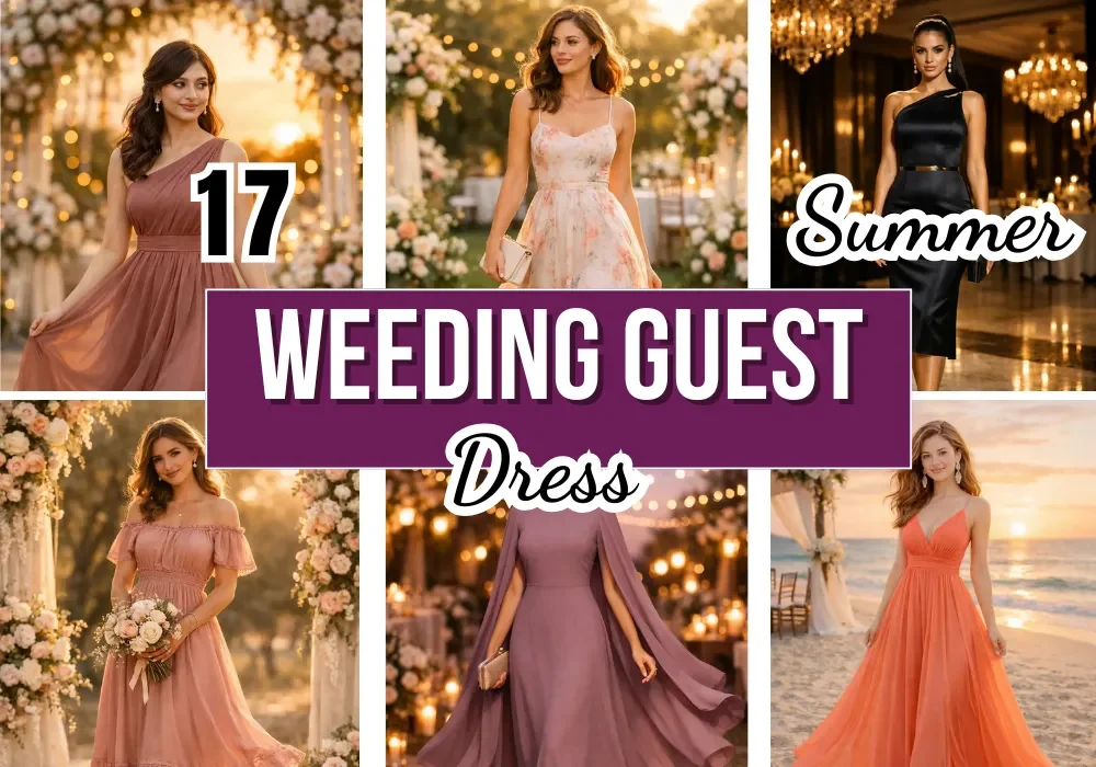 collage of 17 summer wedding guest dresses featuring elegant women in midi, maxi, satin, chiffon, and formal party outfits with bold wedding guest dress text overlay