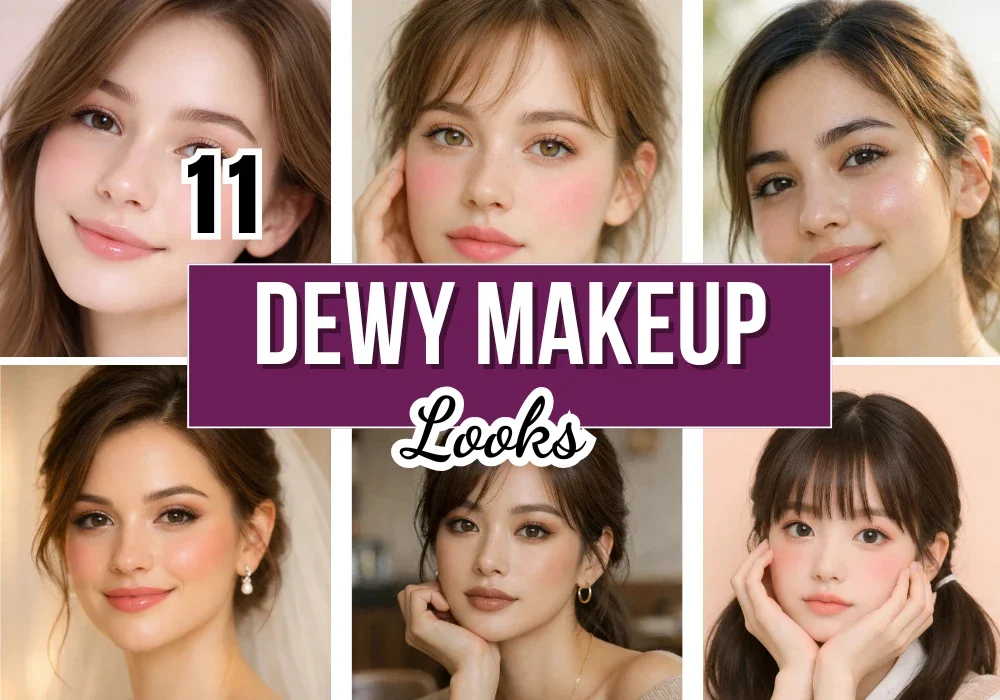 Collage of 11 dewy makeup looks featuring glowing skin, soft blush, natural eyes, and glossy lips