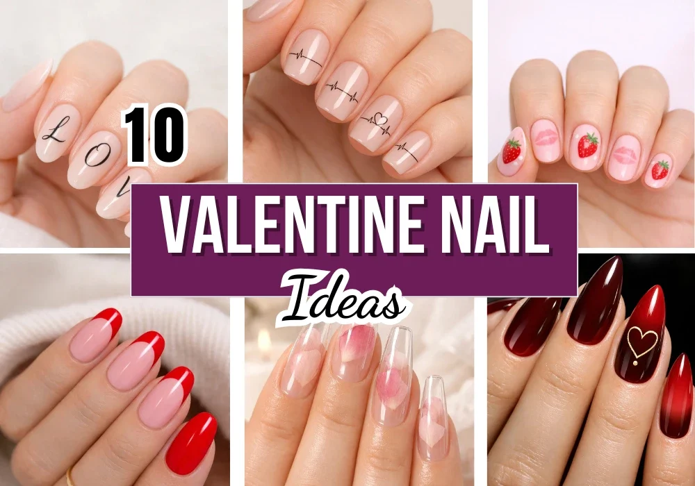 Collage of Valentine nail designs featuring red French tips nude love letter nails heart accents strawberry nail art and elegant romantic Valentine nail styles