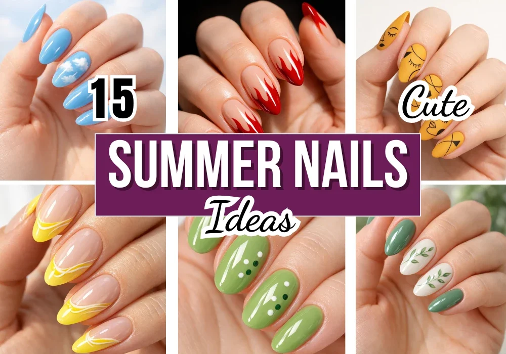 Collage of trendy summer nail ideas featuring blue cloud nails red flame tips yellow French tips green botanical nails and cute colorful manicure ideas for warm weather