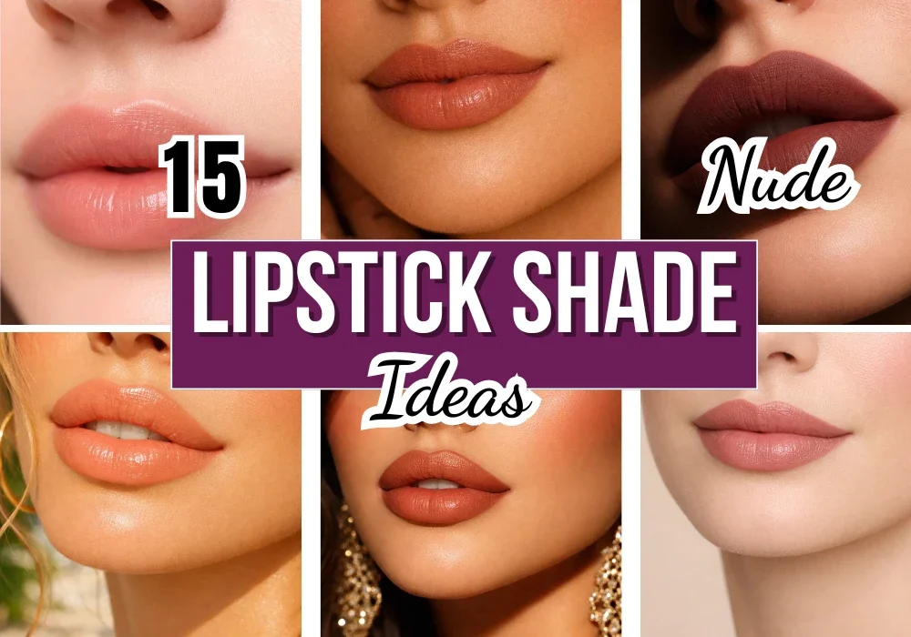 15 nude lipstick shades ideas showing soft pink, peach, brown, and matte neutral lip colors for everyday and glam makeup looks