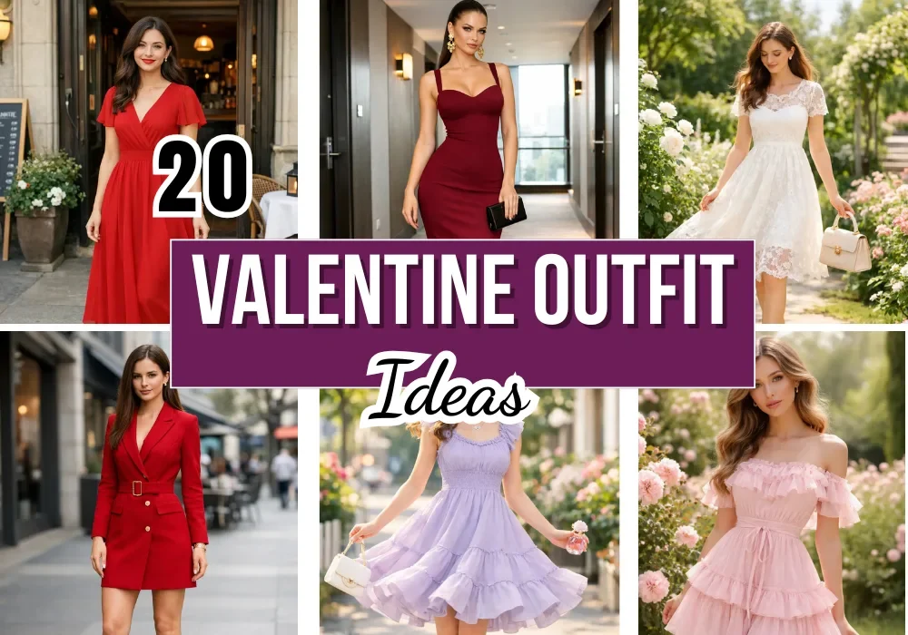 Collage of women wearing stylish Valentine outfits ideas including red evening outfits lace looks satin styles and cute romantic date night fashion