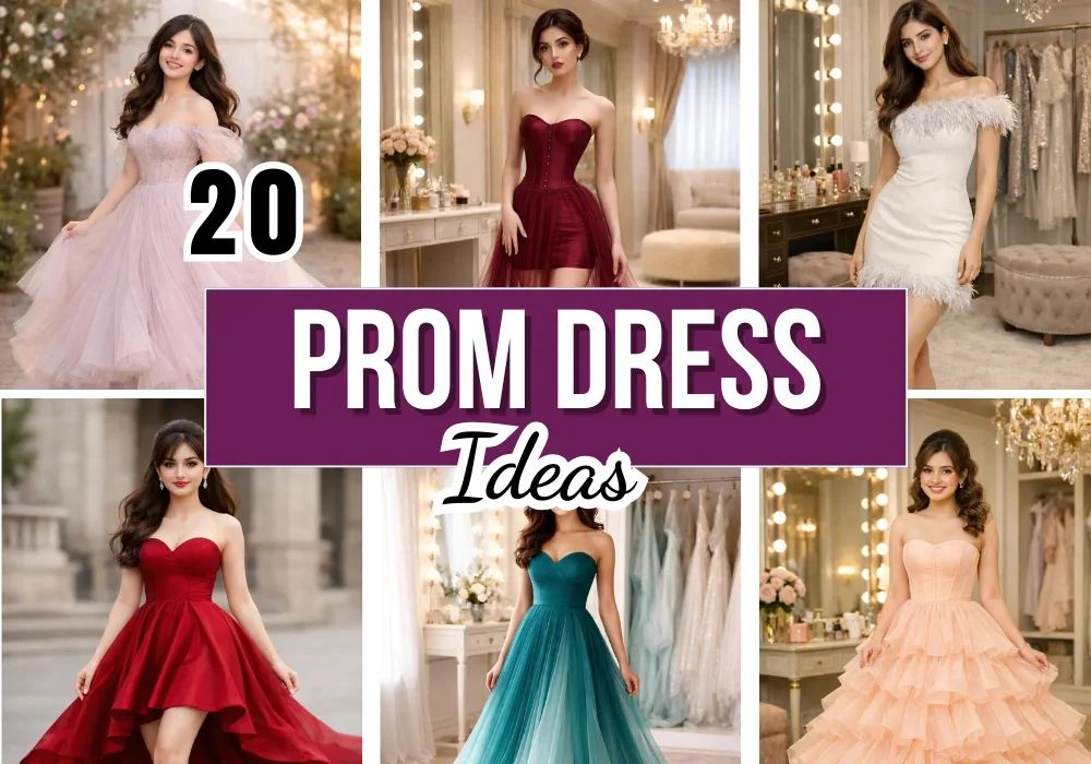 Collage featuring 20 prom dress ideas including elegant long gowns, short modern dresses, pastel and bold colors, styled for a glamorous and trendy prom night look