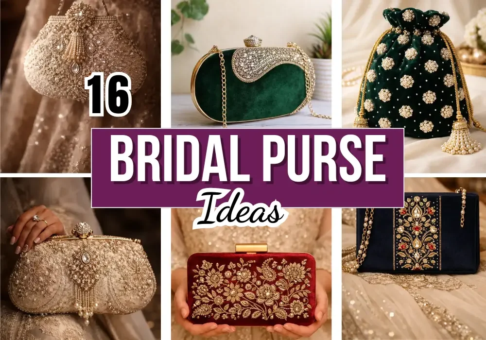 Collage of 16 bridal purses including pearl clutches, velvet potli bags, embroidered wedding handbags, and luxury bridal clutches for Pakistani wedding brides