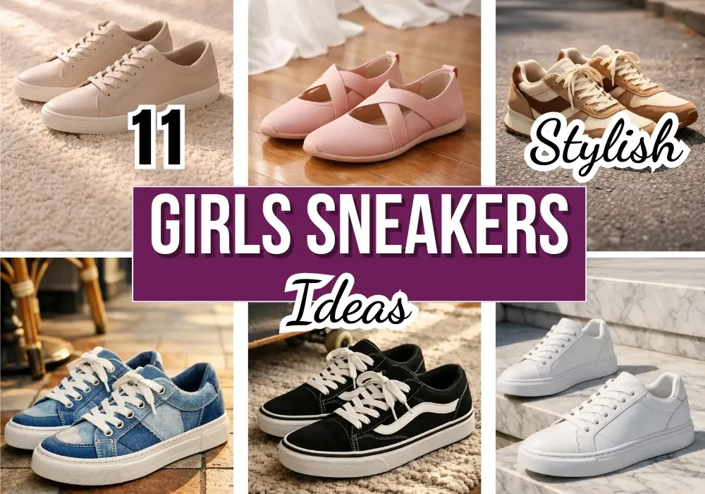 11 girls sneakers ideas collage featuring stylish pastel pink beige white black and denim casual shoes for everyday wear